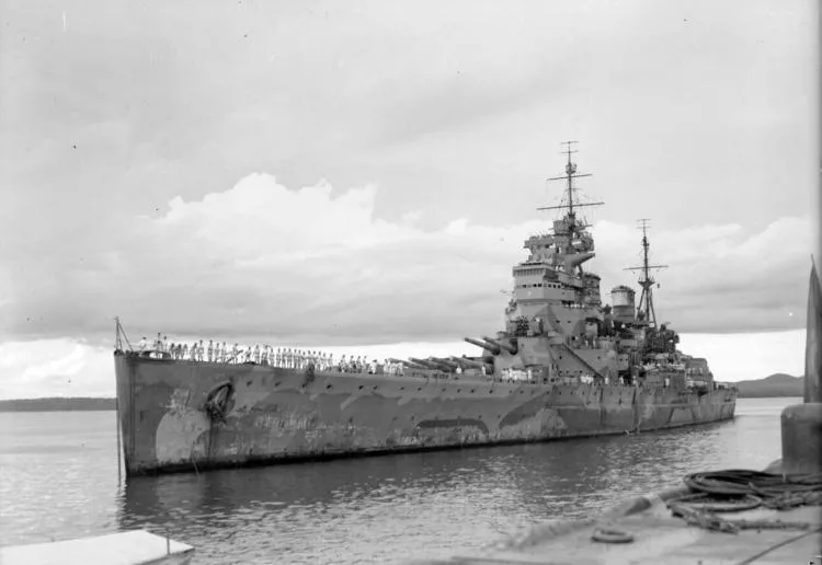 The Royal Navy battleship HMS Prince of Wales coming in to moor at Singapore in 1941