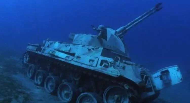 One of the submerged tanks in the underwater museum