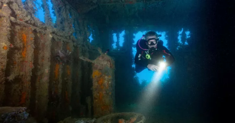 Diver in Constantis wreck, Cyprus
