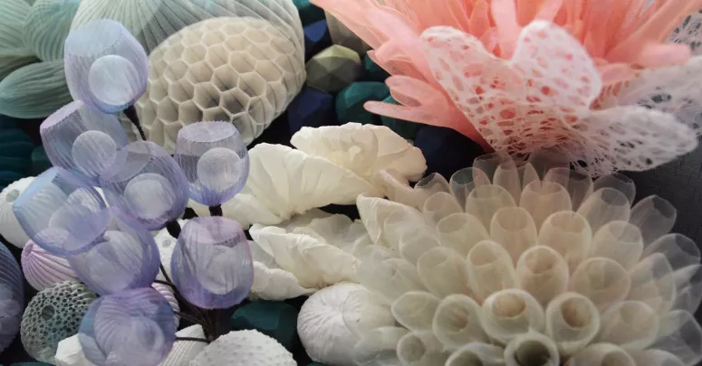 Detail of Sea Garden 1, by Mariko Kusumoto. Polyester and wood,  13.5 x 24in (right)