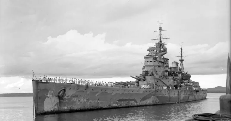 The Royal Navy battleship HMS Prince of Wales coming in to moor at Singapore in 1941